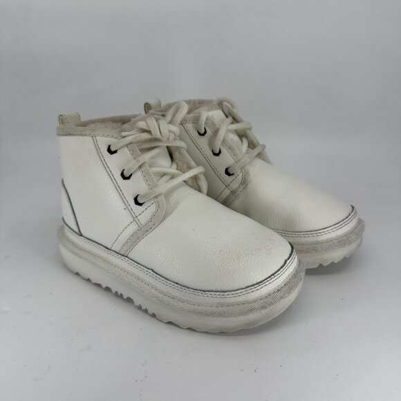 UGG Neumel Boots Kids Size 11C Youth White Leather Chukka Fur Lined Lace Up - Picture 3 of 10